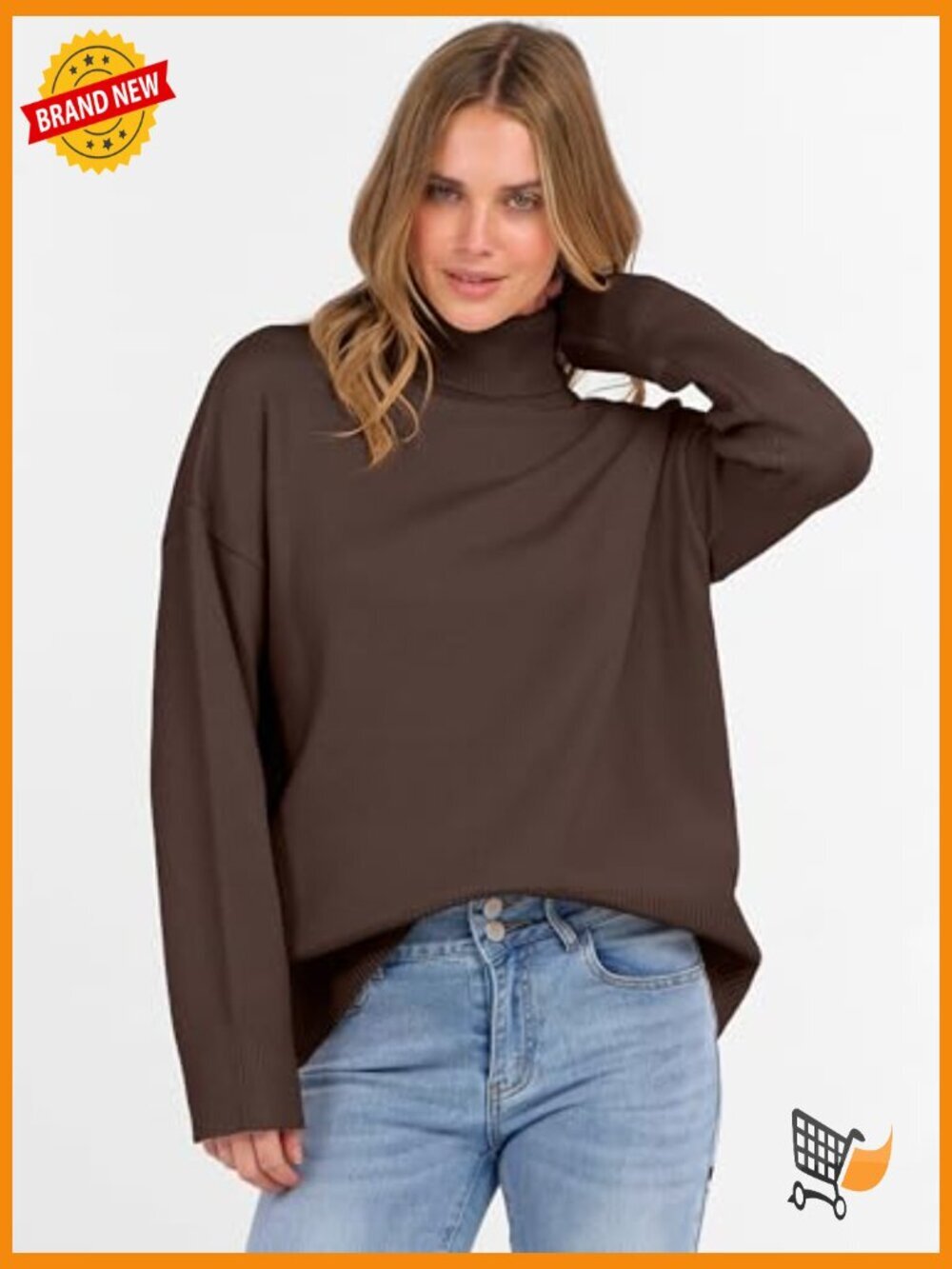 Oversized Chunky Knit Turtleneck Sweater Pullover Long Sleeve High Low Hem - Picture 4 of 7